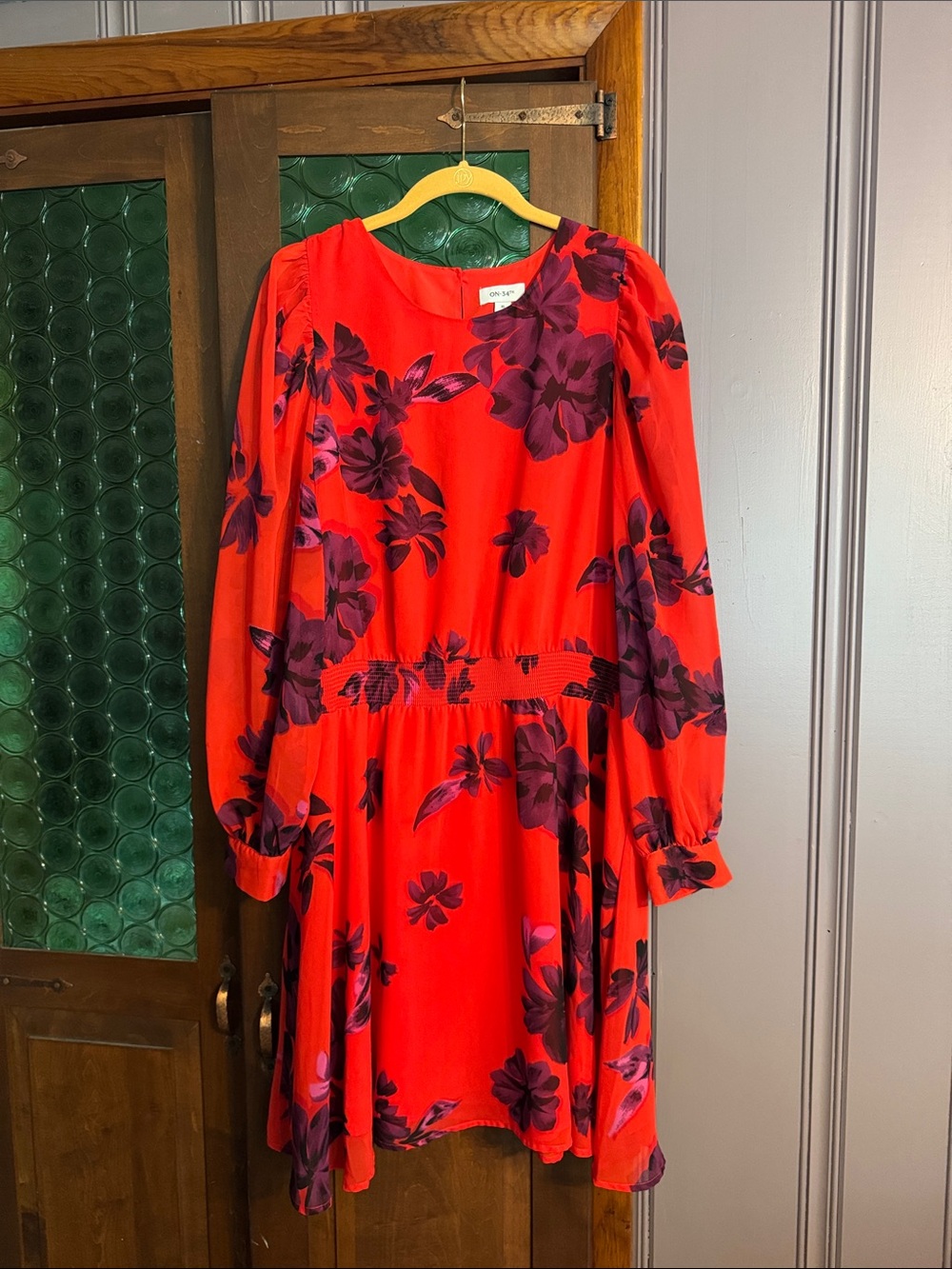 Red Floral Long-Sleeve Mini Dress by One One